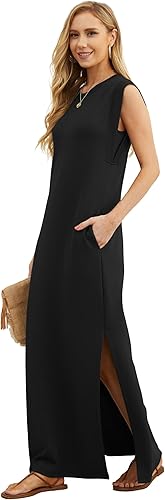 Women Year-Round Casual Round Neck Loose Split Wrinkle-Free Long Maxi Vacation Dress with Pockets