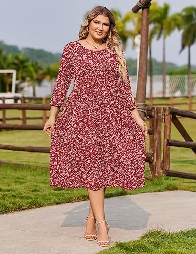 Women Plus Size 3/4 Sleeve Dresses Summer Casual Loose Flowy A-line Midi Dress with Pockets Vacation Boho Sundress
