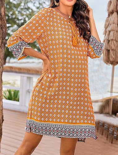 Women Casual Beach Summer Dress Boho V Neck 3/4 Long Sleeve Short Floral Print Flowy Swimsuit Cover Up Sundress