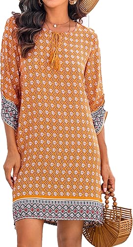 Women Casual Beach Summer Dress Boho V Neck 3/4 Long Sleeve Short Floral Print Flowy Swimsuit Cover Up Sundress